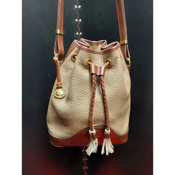 VINTAGE Dooney & Bourke Bucket Bag Brown & Tan Drawstring Closure Leather Purse - Picture 1 of 12